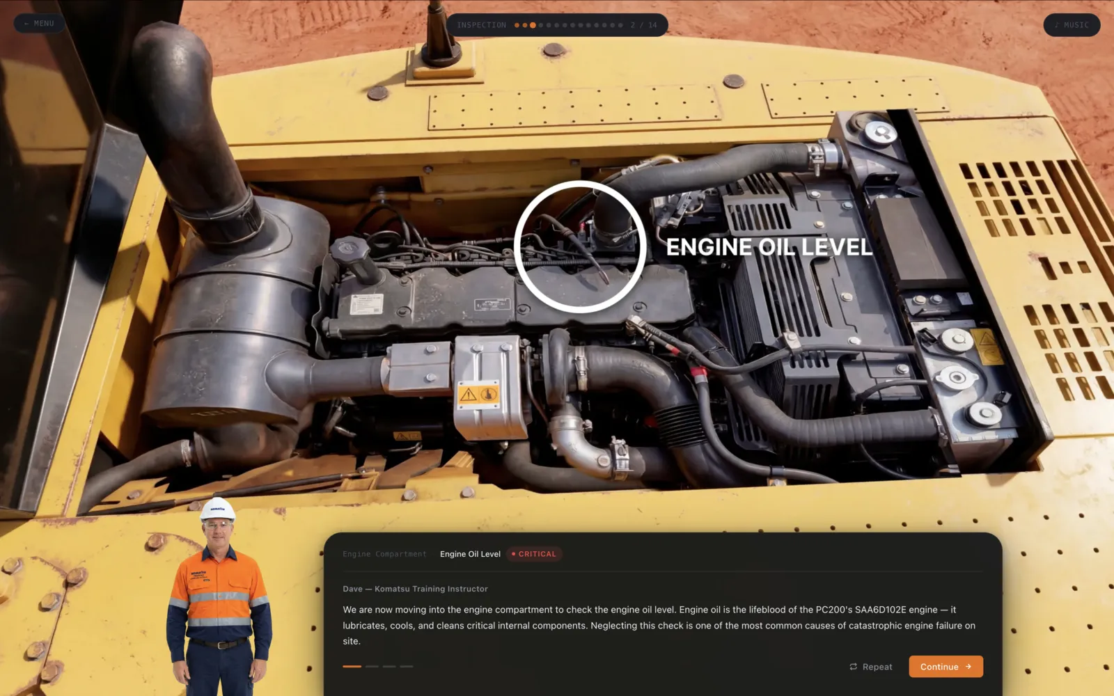 Excavator pre operation training simulator