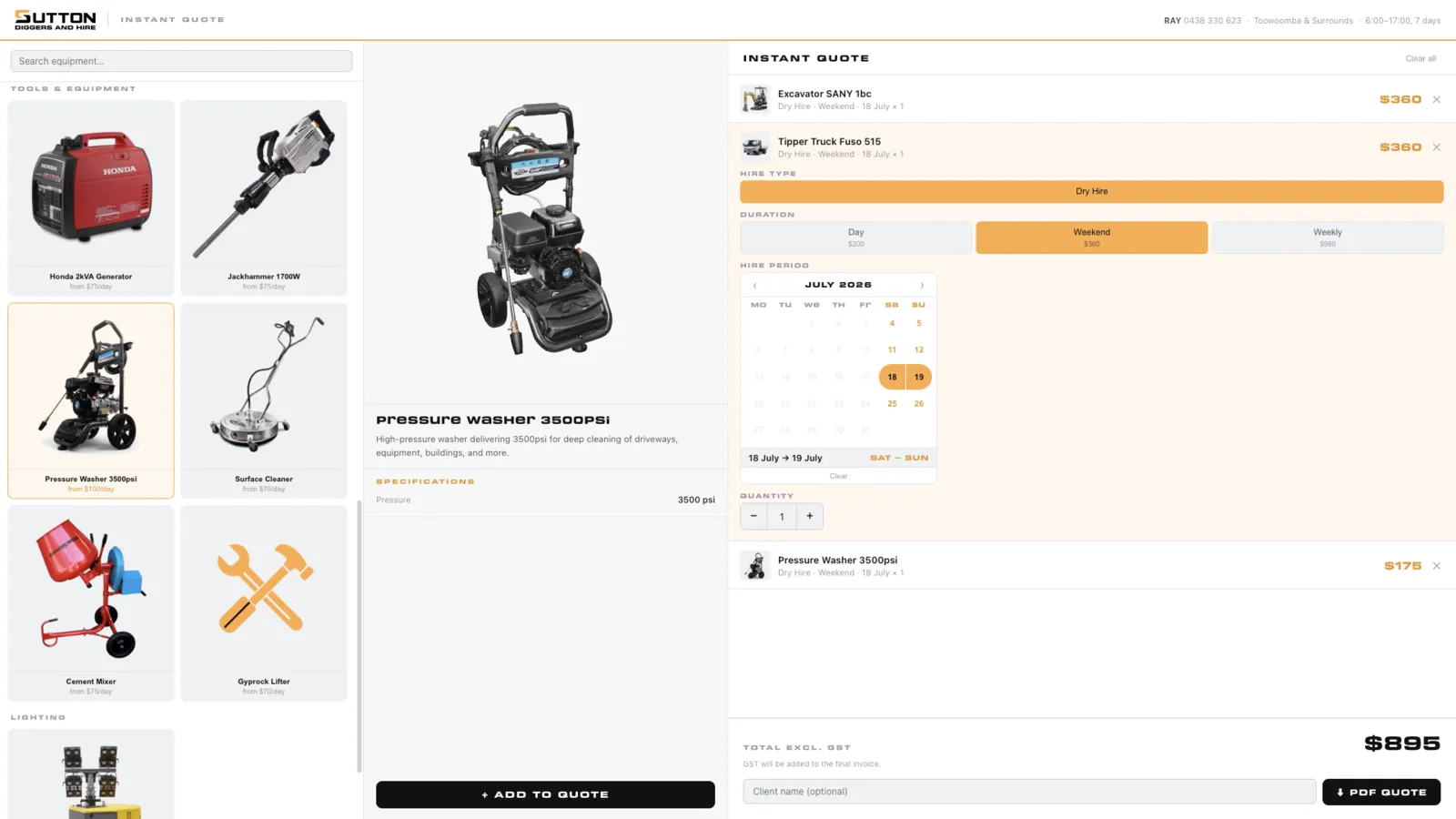 Equipment rental configurator interface