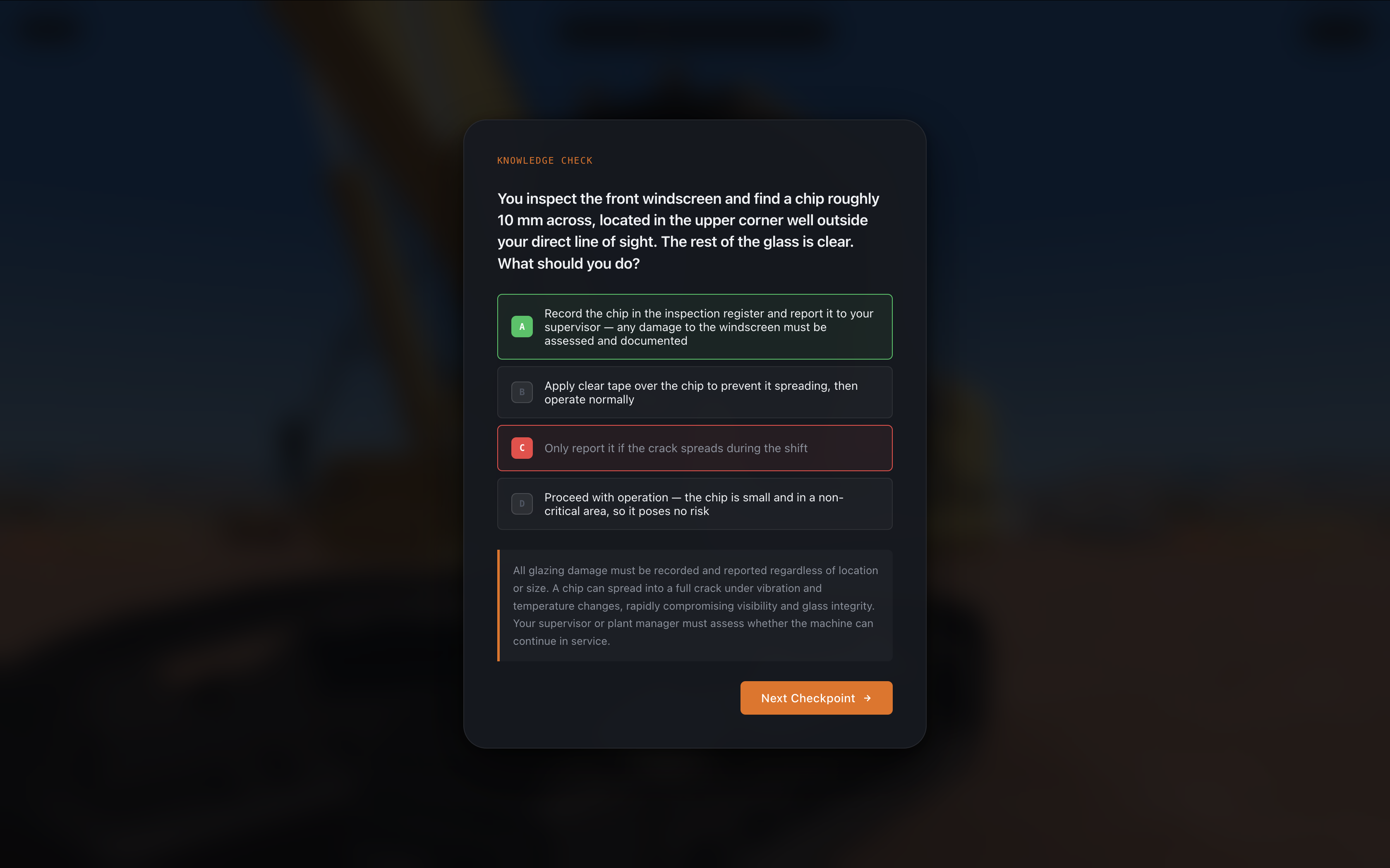 Knowledge check quiz interface with feedback