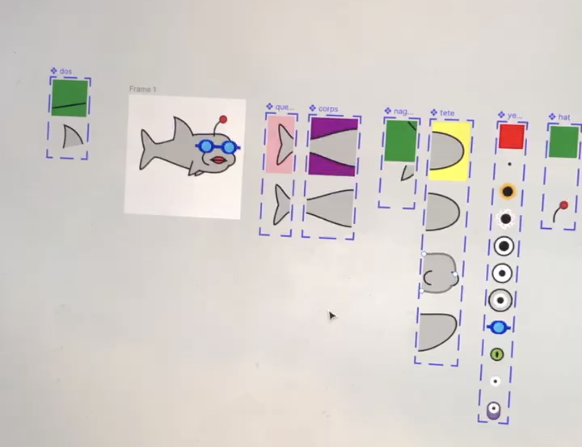 Figma component breakdown showing fish layers and composed character with sunglasses