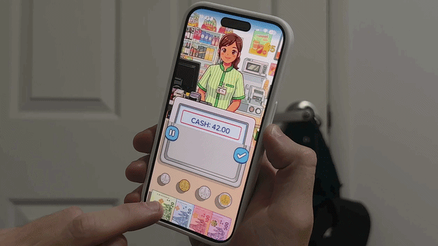 Gameplay GIF showing coin and bill selection under timer