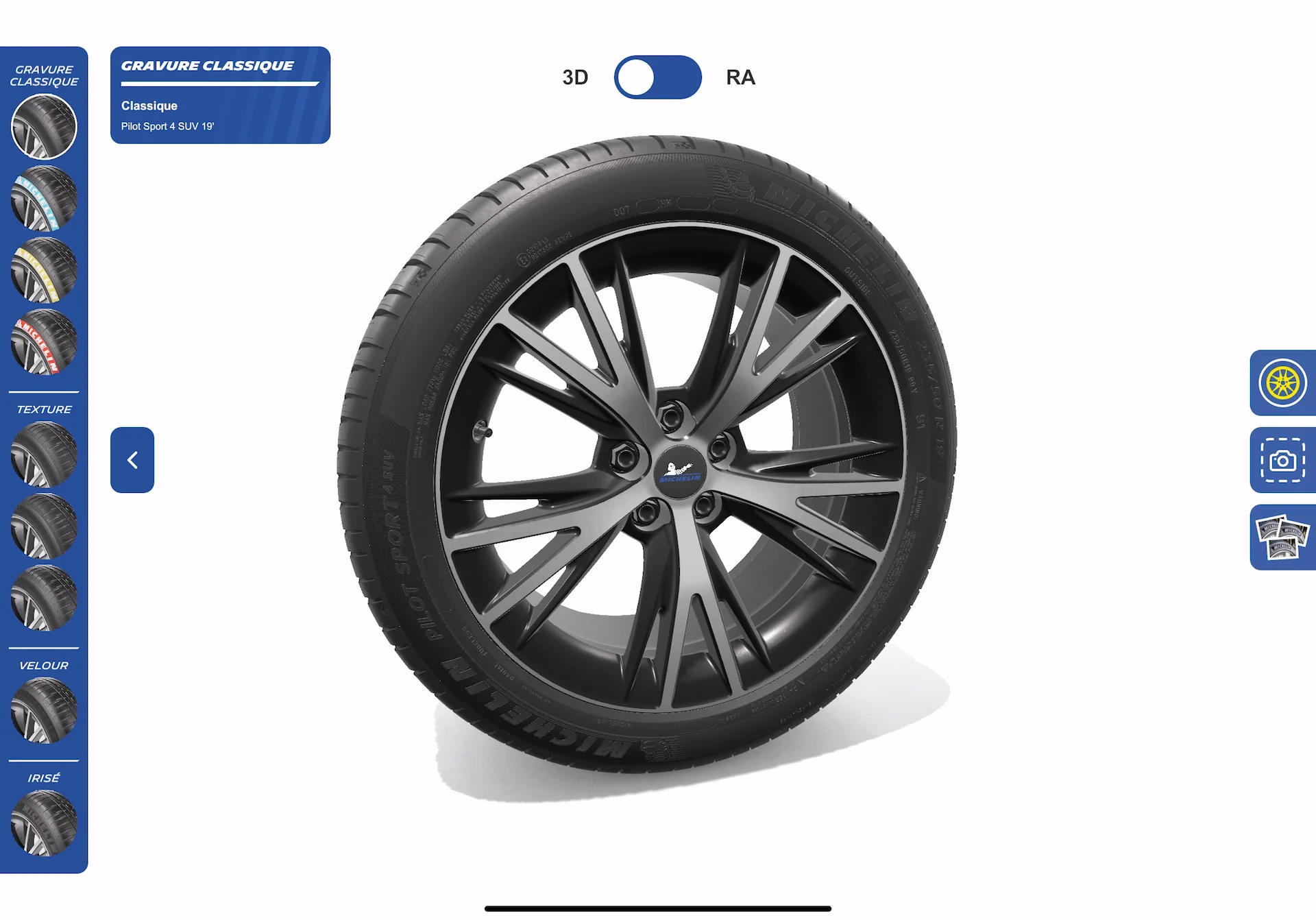 AR view on iPad showing 3D tire in real environment