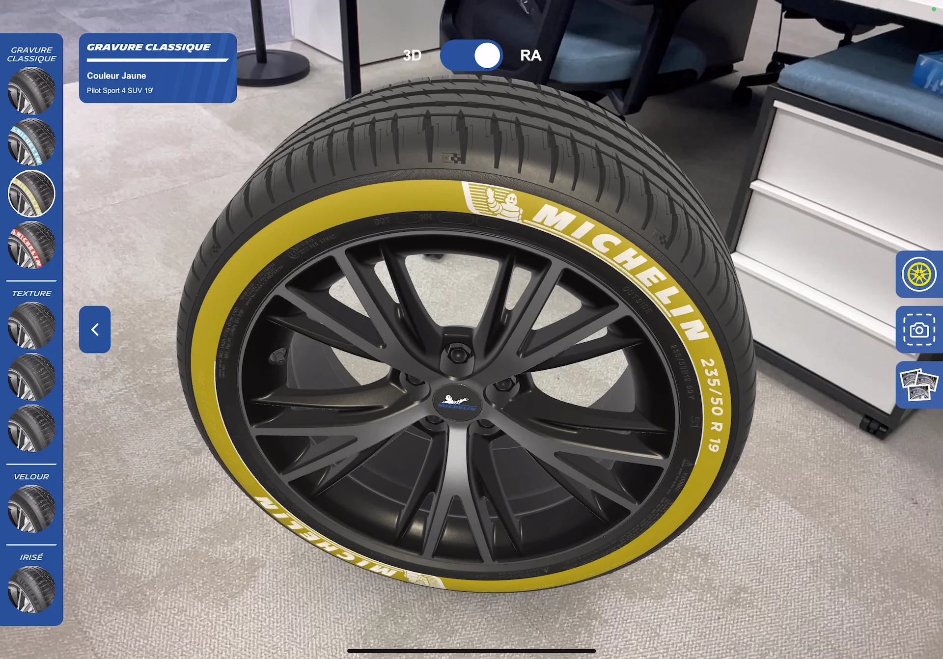 Close-up of configuration UI with tire options
