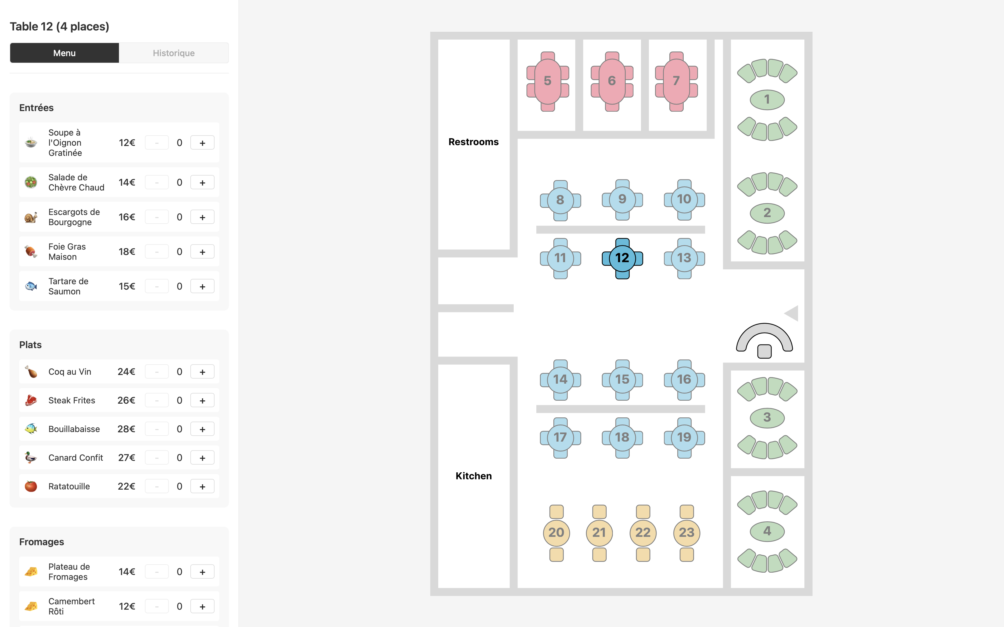 Restaurant floor plan interface showing tables and order panel