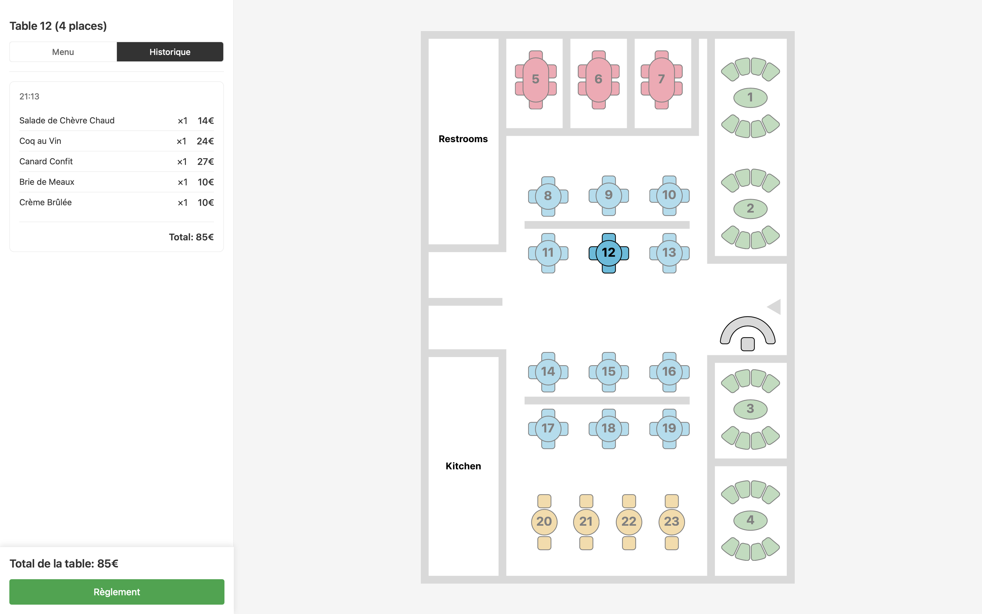 Order history screen with totals and reopen actions