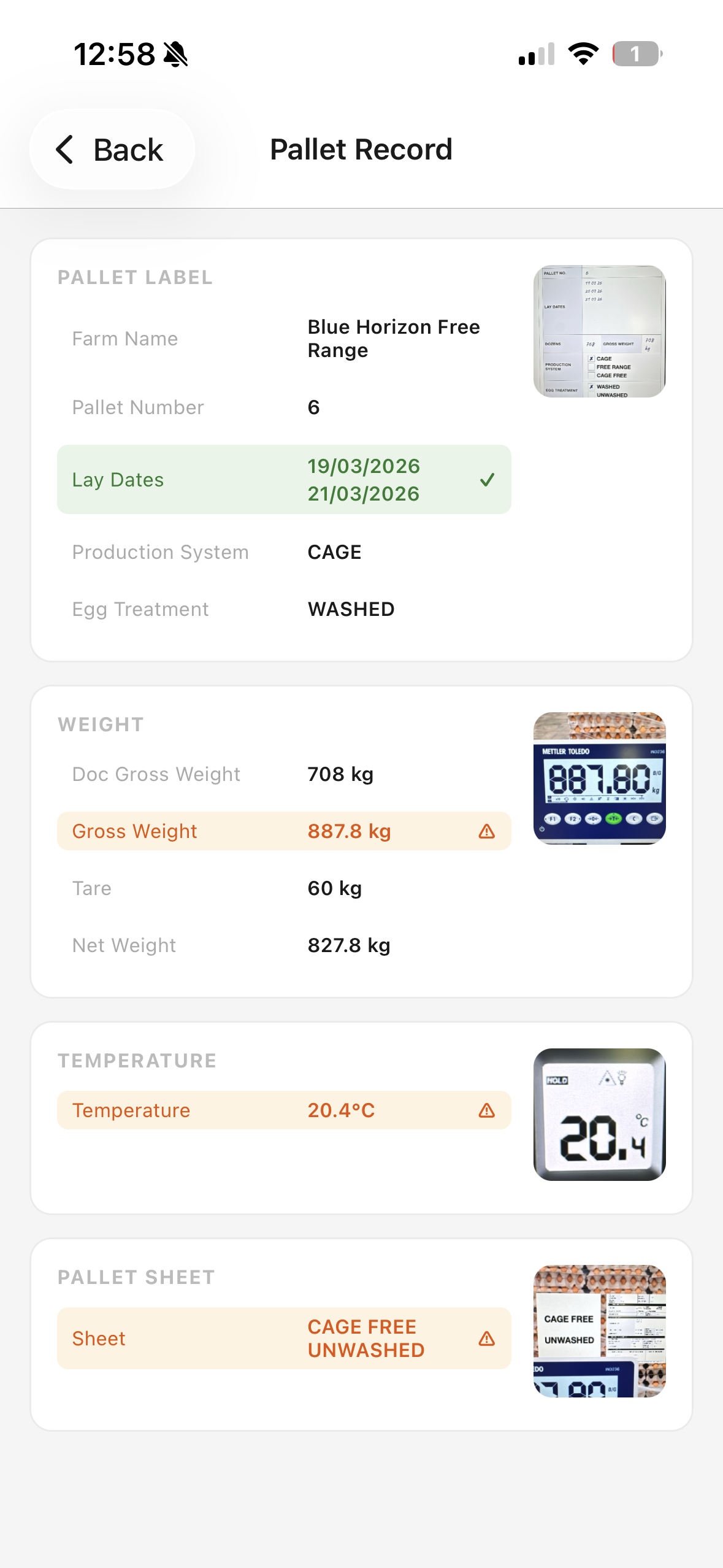 Pallet record on the operator app showing AI warnings — weight, temperature and sheet discrepancies flagged in orange