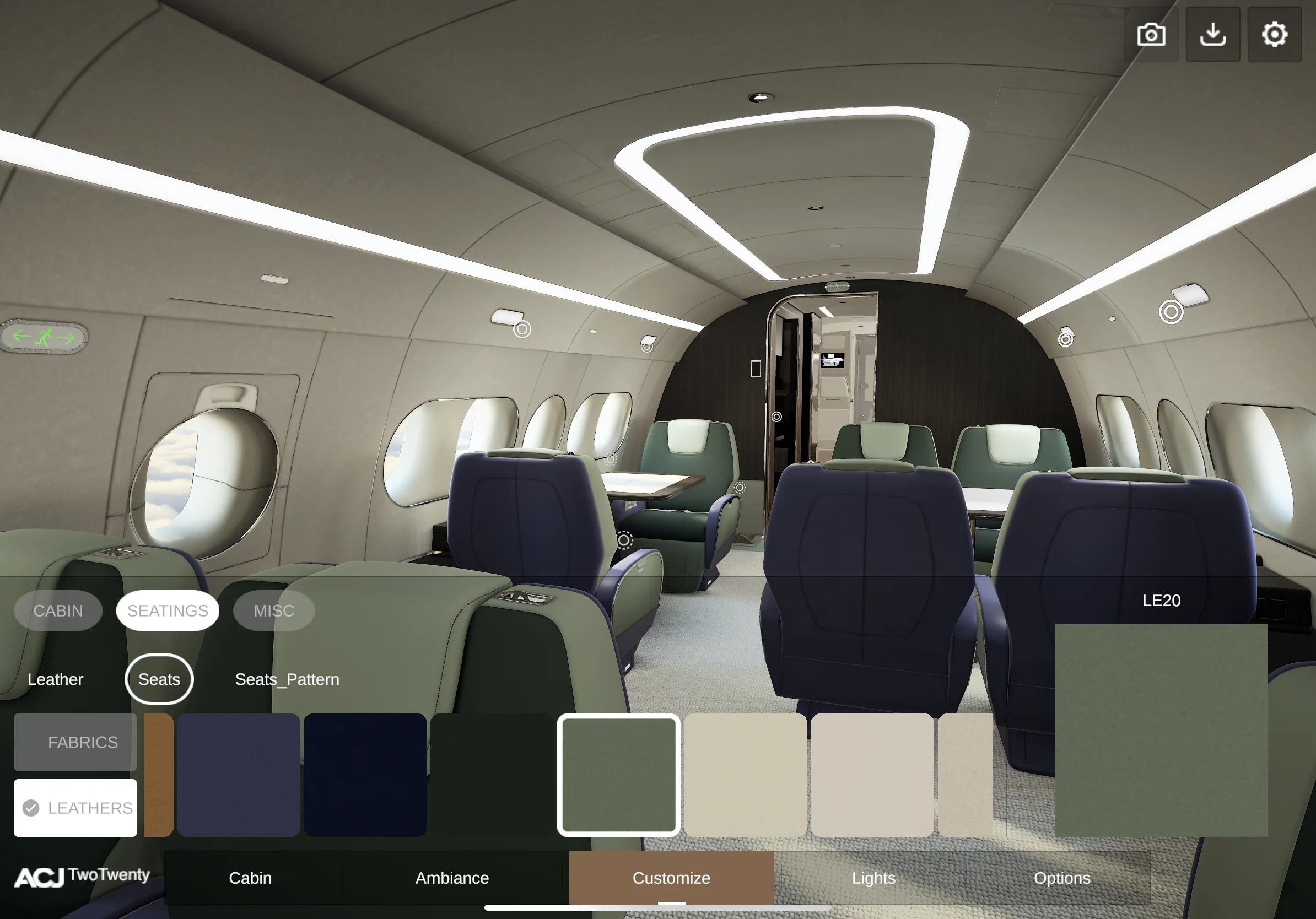 iPad view โ dark green leather seat configuration with full cabin visible