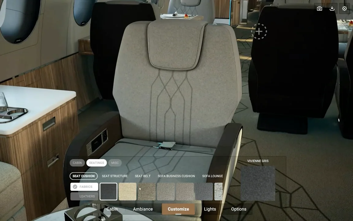 Close-up seat configuration โ Seatings tab with fabric and leather swatches