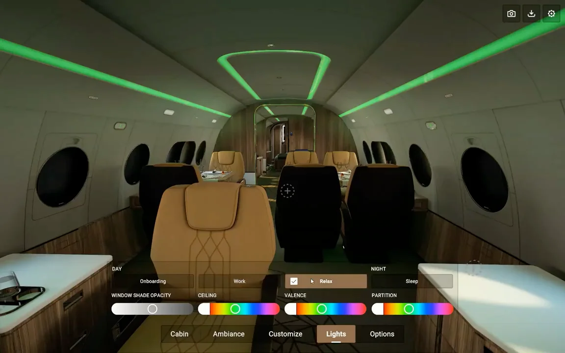 Full cabin view in Lights tab โ green Relax ambiance, day/night slider visible