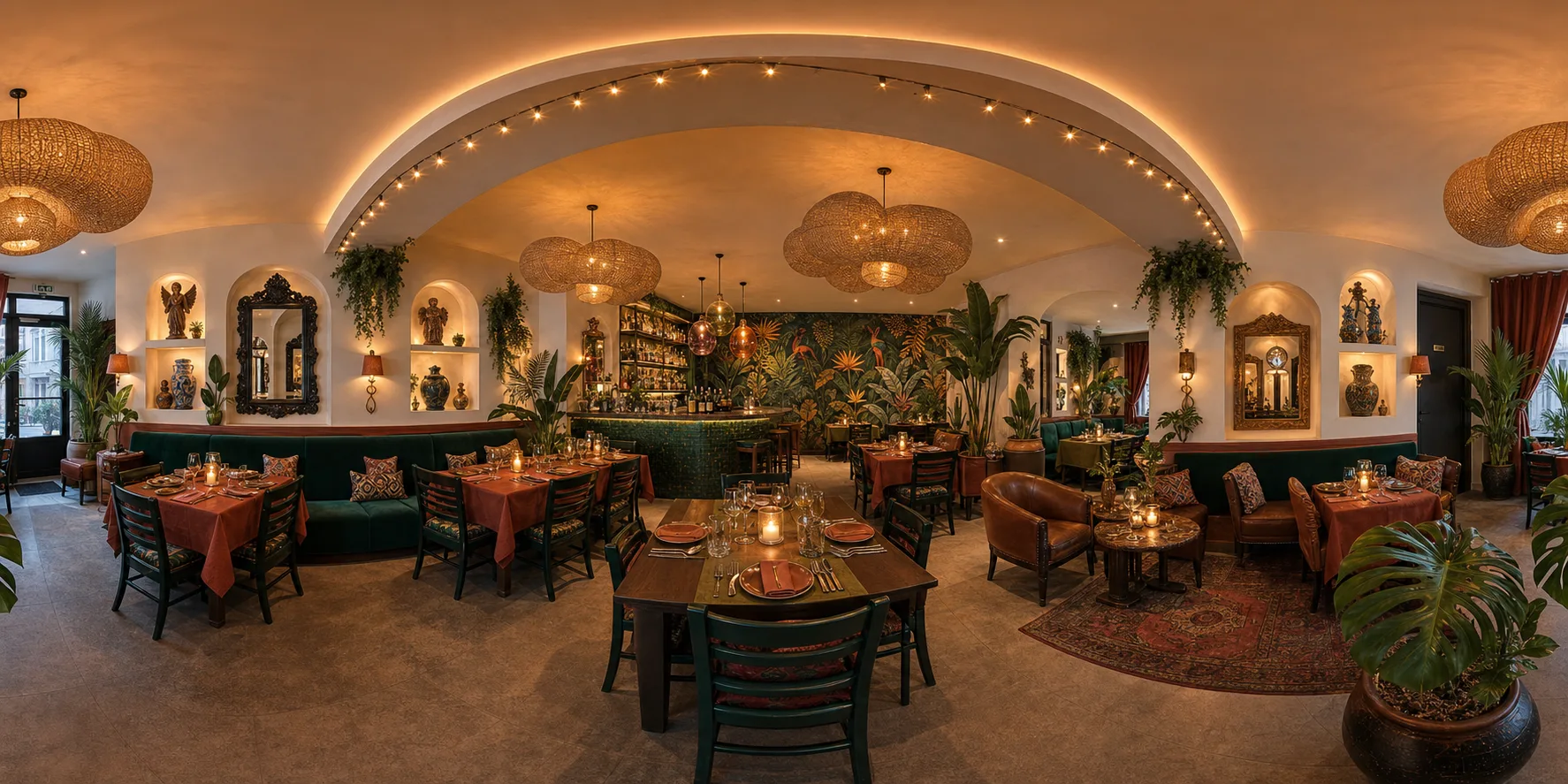 After, the same dining room redesigned with warm lighting, plants, and a cohesive decor theme