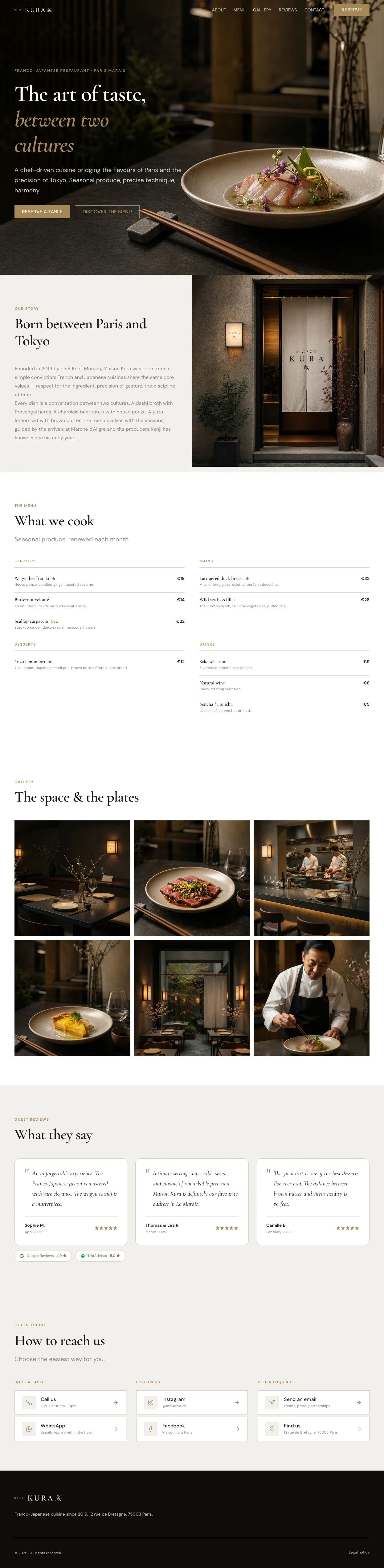 Example of a new custom website delivered, a Franco Japanese restaurant site with menu, gallery, and reservations