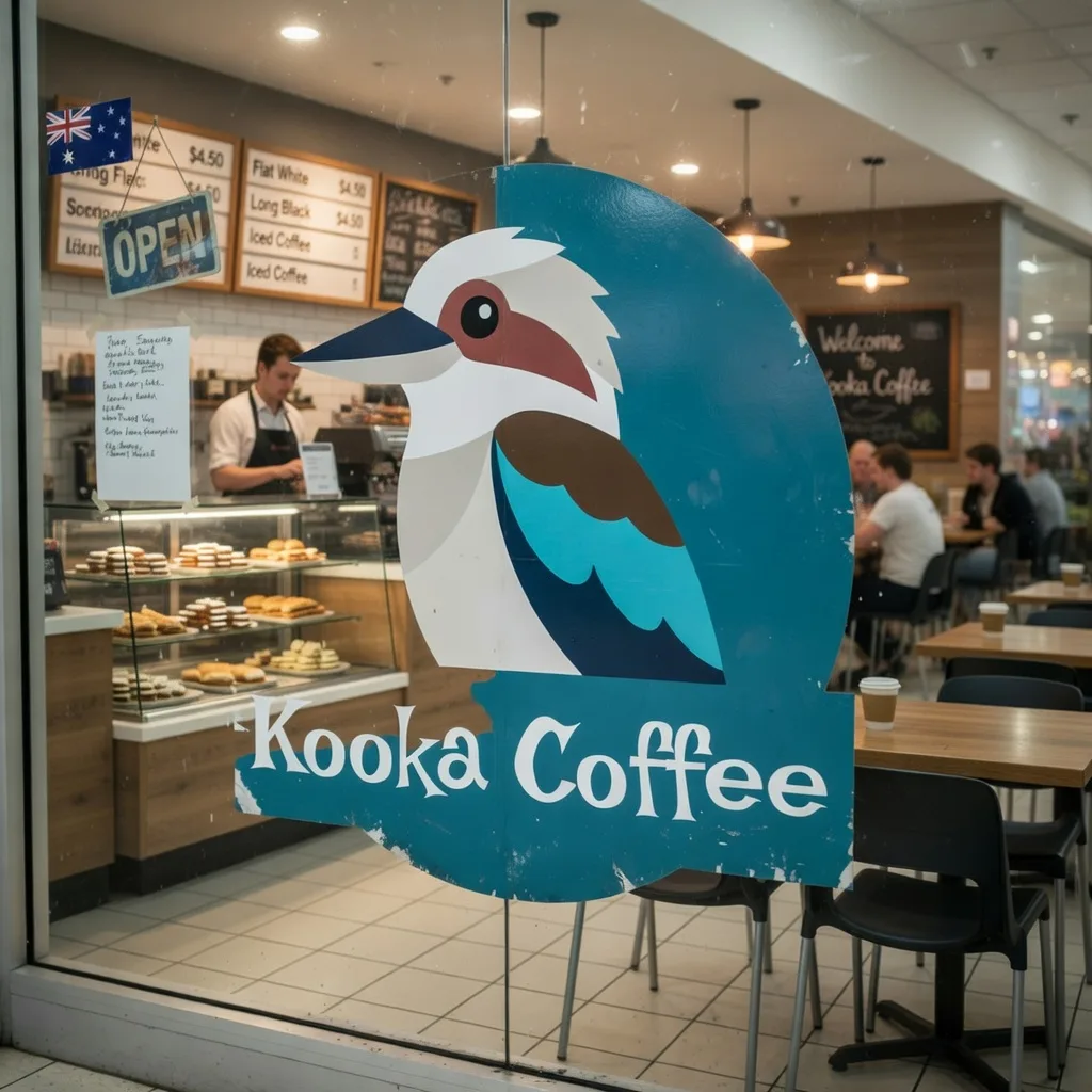 Before, a dated cartoon kookaburra logo on a cafe storefront